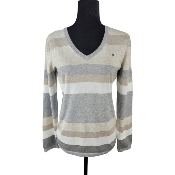 Tommy Hilfiger Woman’s V-neck pullover sweater striped cream tan color size M - Picture 1 of 11